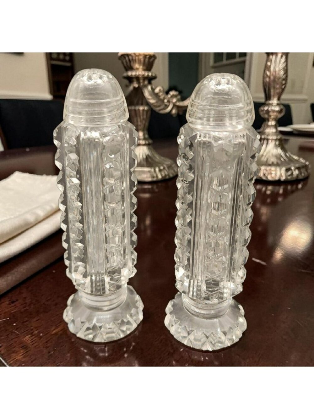 EAPG Diamond Point Glass Salt & Pepper Shakers 5" Tall Glass Caps Antique